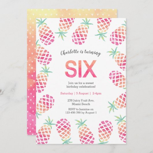 ピンクのパイナップルの熱帯6th誕生日招待状 招待状 (正面/裏面)
