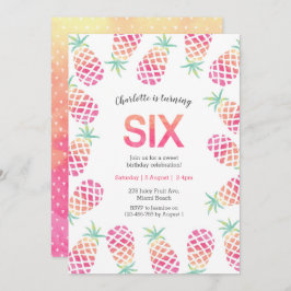 ピンクのパイナップルの熱帯6th誕生日招待状 招待状