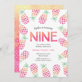 ピンクのパイナップルトロピカル9歳誕生日招待状 招待状