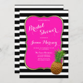 ピンクのパイナップルブライダルシャワーの白黒のストライプ 招待状 (正面/裏面)