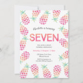 ピンクのパイナップル熱帯七歳招待状 招待状 (正面)