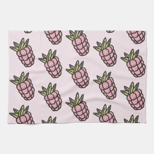 ピンクのパイナップル熱帯果物植物夏 キッチンタオル (横)