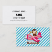 ピンクのパイロットで女の子の飛行機;青と白のストライプ 名刺 (正面/裏面)