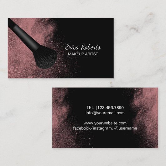 ピンクのパウダーでメイクアップアーティストブラシモダンサロン 名刺 (正面/裏面)