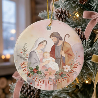 ピンクのパステルウォーターカラークリスマス聖家族 TMF26 セラミックオーナメント