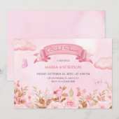 ピンクのパステルウォーターカラーフローラガーデンブライダルシャワー 招待状 (正面/裏面)