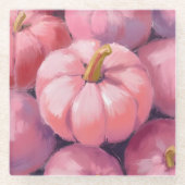 ピンクのパステルカラーのカボチャ 秋の紅葉 絵画 ガラスコースター (正面)