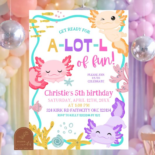 ピンクのパステルカラーの女の子ウーパールーパーの誕生日招待状 招待状