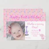 ピンクのパステルスポット動物園の誕生日招待状 招待状 (正面/裏面)