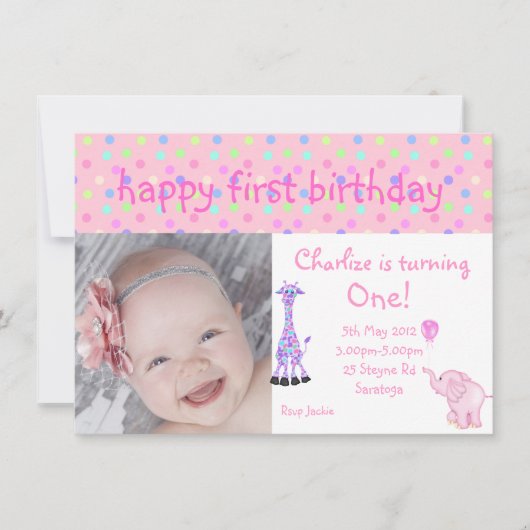 ピンクのパステルスポット動物園の誕生日招待状 招待状 (正面)