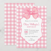 ピンクのパステルボウ誕生日 招待状 (正面/裏面)