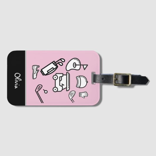 ピンクのパステルレディ上のゴルフバッグカートカートキャップフラッグティー ラゲッジタグ (正面横)