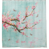 ピンクのパステル調のヴィンテージの春の鳥の桜 シャワーカーテン (正面)