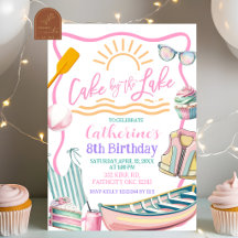ピンクのパステル調の女の子の湖パーティーの誕生日招待状