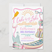 ピンクのパステル調の女の子の湖パーティーの誕生日招待状 招待状 (正面)