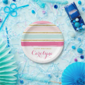 ピンクのパステル調の水彩画は金ゴールドのグリッターと縞で飾ります ペーパープレート (パーティー)