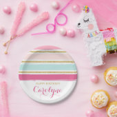 ピンクのパステル調の水彩画は金ゴールドのグリッターと縞で飾ります ペーパープレート (パーティー)