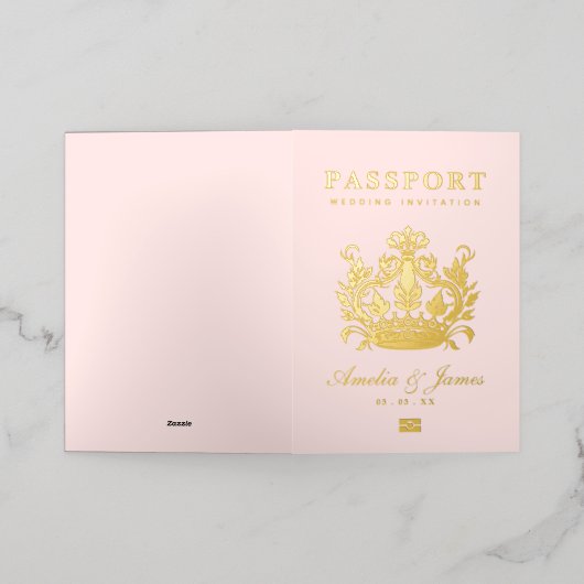 ピンクのパスポート目的地のウェディング実在ホイルー 箔グリーティングカード (外側レイダウン)