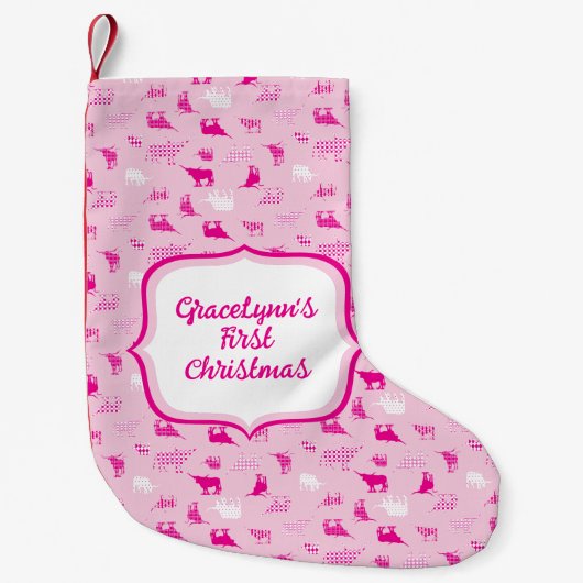 ピンクのパターン（の模様が）あるロングホーン模様 スモールクリスマスストッキング (正面)