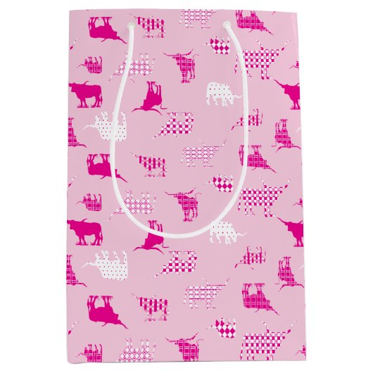 ピンクのパターン(の模様が)あるロングホーン模様 ミディアムペーパーバッグ (正面)