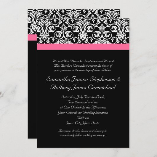 ピンクのパッションダマスク付きブラック 招待状 (正面/裏面)