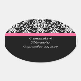 ピンクのパッションダマスク付きブラック 楕円形シール