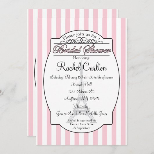 ピンクのパリのブライダルシャワーの招待状 招待状 (正面/裏面)