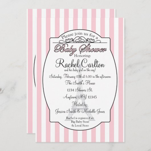 ピンクのパリのベビーシャワーの招待状 招待状 (正面/裏面)