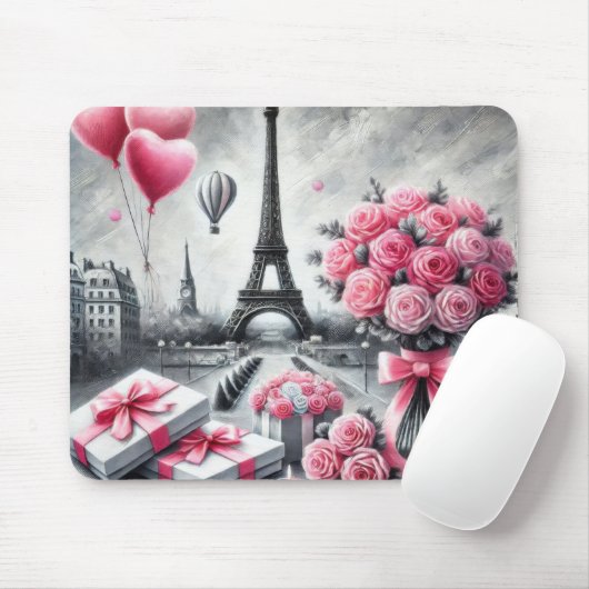 ピンクのパリバレンタインデーの花と灰色 マウスパッド (マウス)
