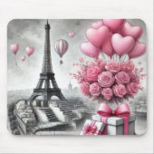 ピンクのパリバレンタインデーの花と灰色 マウスパッド (正面)