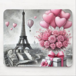 ピンクのパリバレンタインデーの花と灰色 マウスパッド