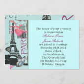 ピンクのパリ・エッフェル塔のデスティネーション・ウェディング 招待状 (正面/裏面)