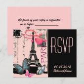 ピンクのパリ・エiffel塔の目的地ウェディング インビテーションポストカード (正面/裏面)