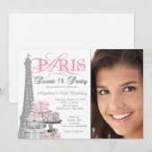 ピンクのパリ スイート16 バースデーパーティー 招待状 (正面/裏面)