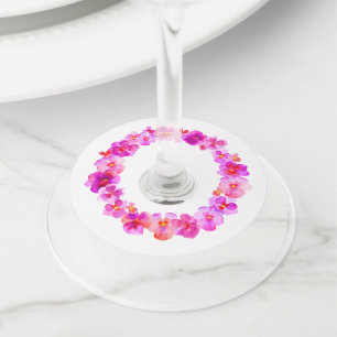 ピンクのパンジーの水の色のアートの花結婚のイベント ワイングラスタグ