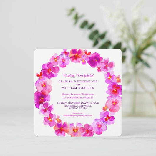 ピンクのパンジー水色の花結婚の再調整 招待状 (スタンド正面)