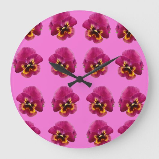 ピンクのパンジー オン ピンク ラージ壁時計 (正面)