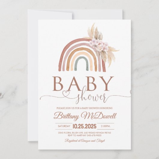 ピンクのパンパスグラス ボヘミアンレインボー ベビーシャワー 招待状 (正面)