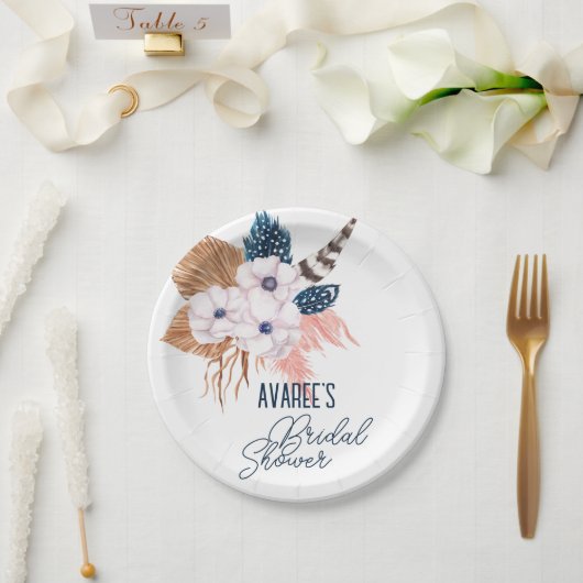 ピンクのパンパス草と羽根のブライダルシャワーパーティー ペーパープレート (ウェディング)
