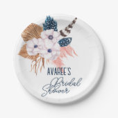 ピンクのパンパス草と羽根のブライダルシャワーパーティー ペーパープレート (正面)