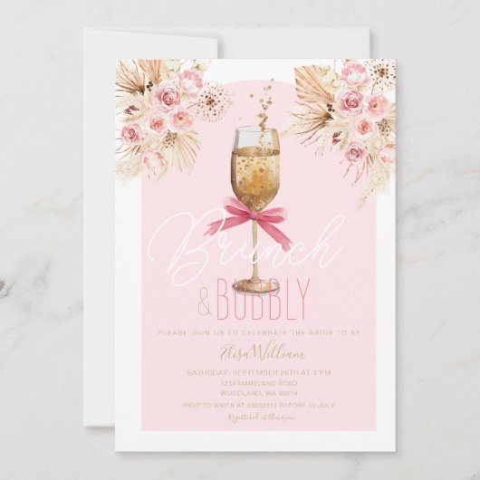 ピンクのパンパス ブランシュ & バブル ブライズシャワー 招待状 (正面)