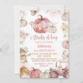 ピンクのパンプキンと葉っぱの山の誕生日 招待状 (正面)