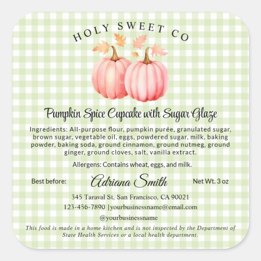 ピンクのパンプキンギンガムの焼き菓子のおうちの食品 スクエアシール (正面)