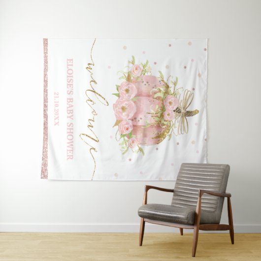 ピンクのパンプキンフラワーの女の子のベビーシャワーウェルカムサイン タペストリー (インサイチュ(横))