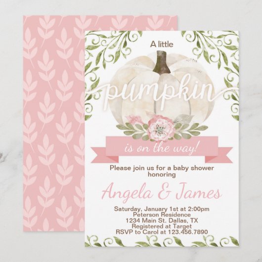 ピンクのパンプキンベイビーシャワー招待状 招待 招待状 (正面/裏面)