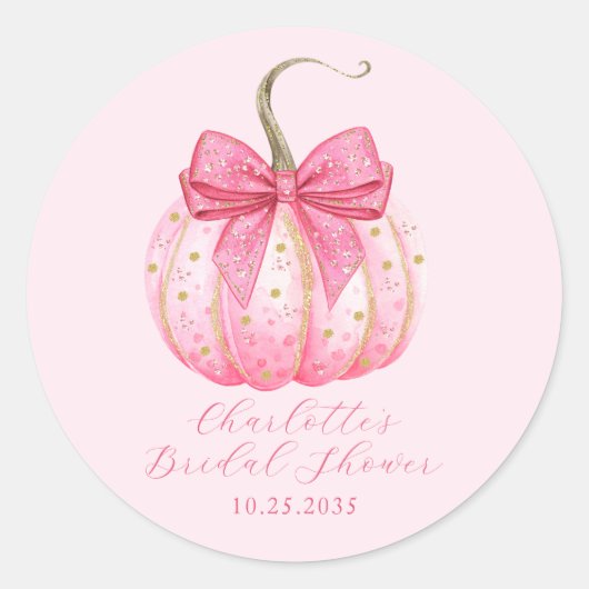 ピンクのパンプキンボウの個性的なプリント付き ブライダルシャワー ラウンドシール (正面)