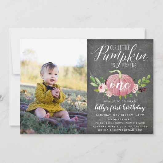 ピンクのパンプキン カスタム 年齢 誕生日パーティー フォト 招待状 (正面)