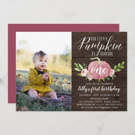 ピンクのパンプキン カスタム 年齢 誕生日パーティー フォト 招待状 (正面/裏面)