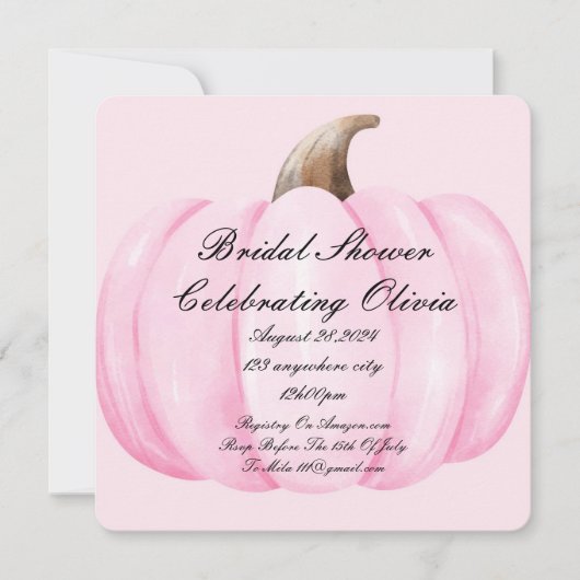 ピンクのパンプキン ブライダルシャワー 秋の招待状 セーブザデート (正面)