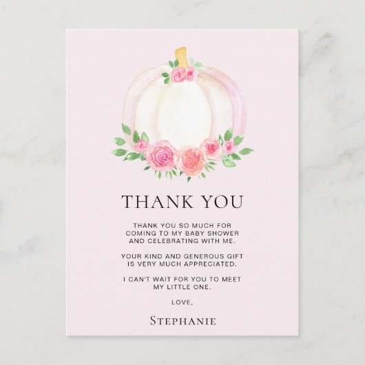 ピンクのパンプキン 秋の女の子のベイビーシャワー お礼 ポストカード (正面)